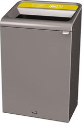 Rubbermaid - 33 Gal Gray Rectangle Decorative Indoor Single Stream Waste Receptacle - Metal, Cans Graphic, 37.965" High x 24.051" Long x 19-1/2" Wide, Lid Included - Makers Industrial Supply