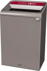 Rubbermaid - 33 Gal Gray Rectangle Decorative Indoor Single Stream Waste Receptacle - Metal, Plastic Graphic, 37.965" High x 24.051" Long x 19-1/2" Wide, Lid Included - Makers Industrial Supply