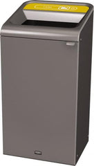 Rubbermaid - 23 Gal Gray Rectangle Decorative Indoor Single Stream Waste Receptacle - Metal, Cans Graphic, 37.965" High x 19.588" Long x 19-1/2" Wide, Lid Included - Makers Industrial Supply