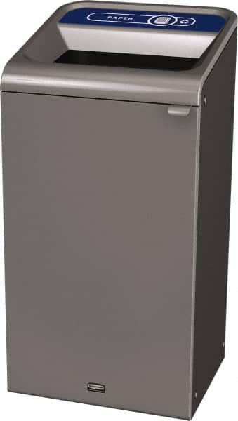 Rubbermaid - 23 Gal Gray Rectangle Decorative Indoor Single Stream Waste Receptacle - Metal, Paper Graphic, 37.965" High x 19.588" Long x 19-1/2" Wide, Lid Included - Makers Industrial Supply