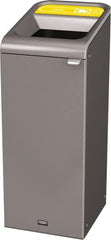 Rubbermaid - 15 Gal Gray Rectangle Decorative Indoor Single Stream Waste Receptacle - Metal, Cans Graphic, 37.965" High x 14.784" Long x 19-1/2" Wide, Lid Included - Makers Industrial Supply