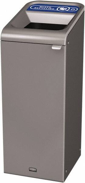 Rubbermaid - 15 Gal Gray Rectangle Decorative Indoor Single Stream Waste Receptacle - Metal, Mixed Recycling Graphic, 37.965" High x 14.784" Long x 19-1/2" Wide, Lid Included - Makers Industrial Supply