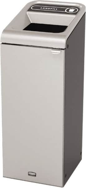 Rubbermaid - 15 Gal Gray Rectangle Decorative Indoor Single Stream Waste Receptacle - Metal, Landfill Graphic, 37.965" High x 14.784" Long x 19-1/2" Wide, Lid Included - Makers Industrial Supply