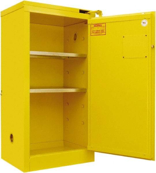 Securall Cabinets - 2 Door, 2 Shelf, Yellow Steel Standard Safety Cabinet for Flammable and Combustible Liquids - 46" High x 24" Wide x 18" Deep, Self Closing Door, 3 Point Key Lock, 20 Gal Capacity - Makers Industrial Supply