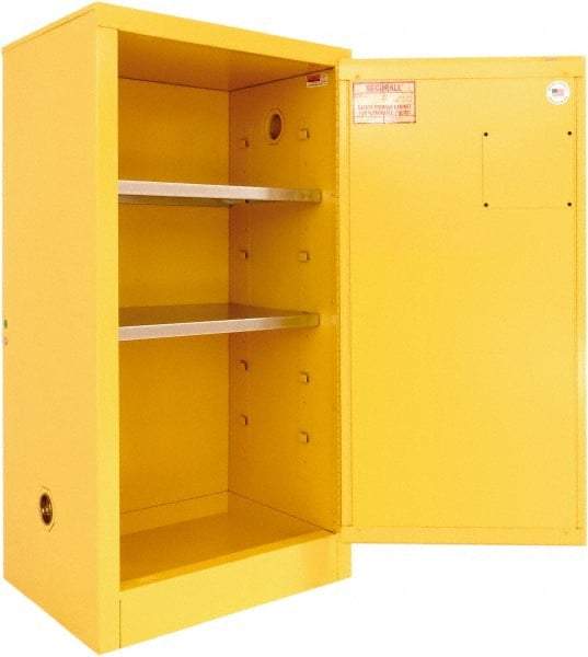 Securall Cabinets - 1 Door, 2 Shelf, Yellow Steel Standard Safety Cabinet for Flammable and Combustible Liquids - 44" High x 24" Wide x 18" Deep, Manual Closing Door, 3 Point Key Lock, 20 Gal Capacity - Makers Industrial Supply