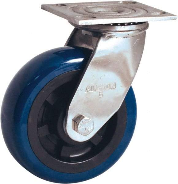 Albion - 5" Diam x 2" Wide x 6-1/2" OAH Top Plate Mount Swivel Caster - Polyurethane Mold on Polypropylene, 600 Lb Capacity, Delrin Bearing, 4 x 4-1/2" Plate - Makers Industrial Supply