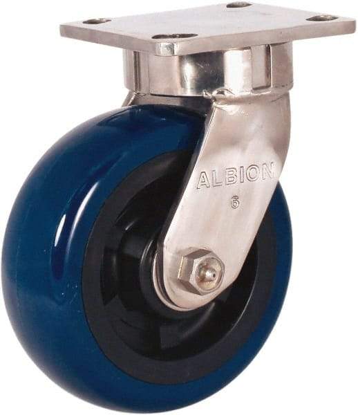 Albion - 6" Diam x 2" Wide x 7-1/2" OAH Top Plate Mount Swivel Caster - Polyurethane Mold on Polypropylene, 1,100 Lb Capacity, Stainless Steel Roller Bearing, 4 x 4-1/2" Plate - Makers Industrial Supply