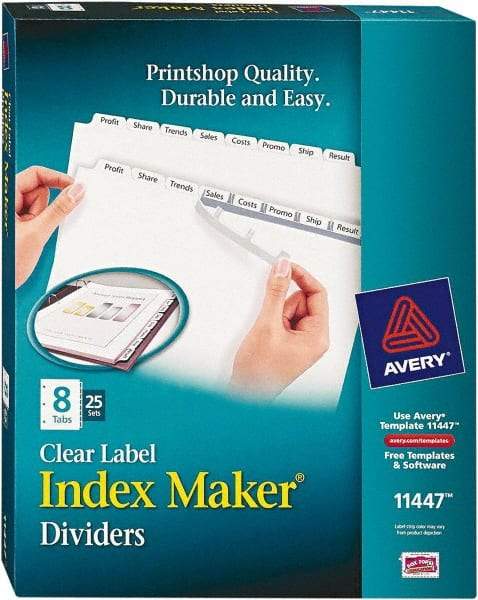 AVERY - 11 x 8-1/2" 8 Tabs, Three Hole Clear Plastic Reinforced Binder Holes, Tab Divider - Clear Tabs, White Folder - Makers Industrial Supply