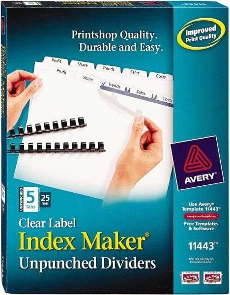 AVERY - 11 x 8-1/2" 5 Tabs, Unpunched Clear Plastic Reinforced, Tab Divider - Clear Tabs, White Folder - Makers Industrial Supply