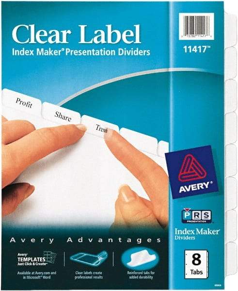 AVERY - 11 x 8-1/2" 8 Tabs, Three Hole Clear Plastic Reinforced Binder Holes, Tab Divider - Clear Tabs, White Folder - Makers Industrial Supply