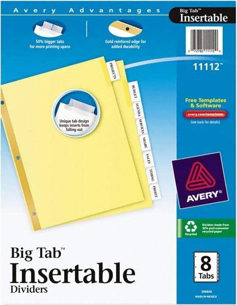 AVERY - 11 x 8-1/2" 8 Tabs, Double-Sided Gold Reinforcing Strip, Tab Divider - Clear Tabs, Buff Folder - Makers Industrial Supply