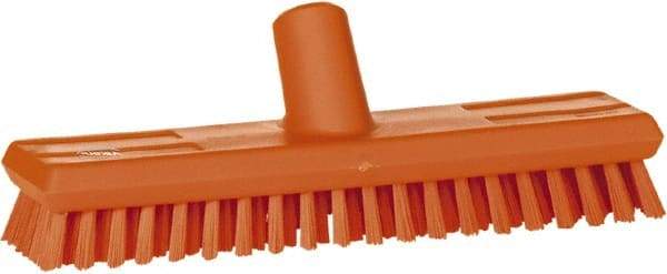 Vikan - 1" Bristle Length, Polyester Scrub Brush - 10-5/8" Long x 2-1/2" Wide Head, 11" OAL, European Threaded Handle, Orange, Polypropylene Block - Makers Industrial Supply