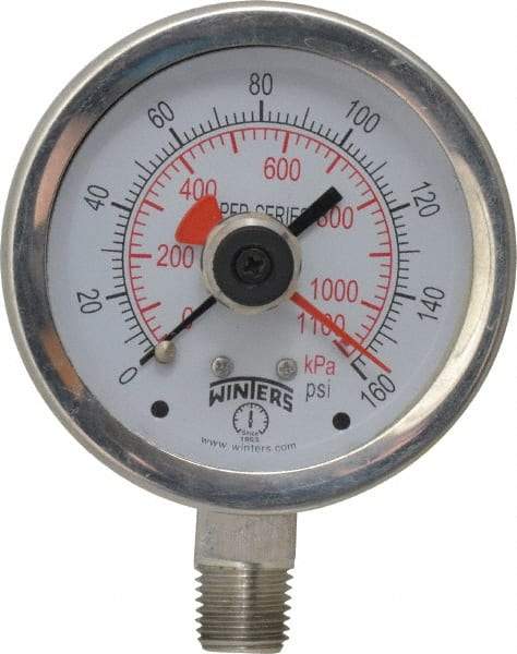 Winters - 2-1/2" Dial, 1/4 Thread, 0-160 Scale Range, Pressure Gauge - Lower Connection Mount, Accurate to 1% of Scale - Makers Industrial Supply