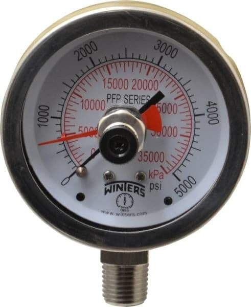 Winters - 2-1/2" Dial, 1/4 Thread, 0-5,000 Scale Range, Pressure Gauge - Lower Connection Mount, Accurate to 1% of Scale - Makers Industrial Supply