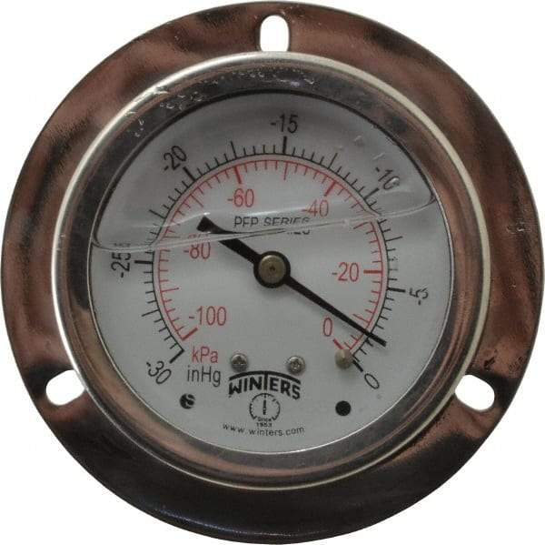 Winters - 2-1/2" Dial, 1/4 Thread, 30 Scale Range, Pressure Gauge - Front Flange Panel Mount, Center Back Connection Mount, Accurate to 1.6% of Scale - Makers Industrial Supply