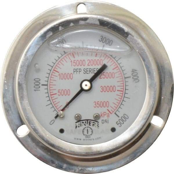 Winters - 2-1/2" Dial, 1/4 Thread, 0-5,000 Scale Range, Pressure Gauge - Front Flange Panel Mount, Center Back Connection Mount, Accurate to 1.6% of Scale - Makers Industrial Supply