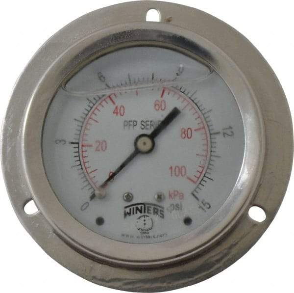 Winters - 2-1/2" Dial, 1/4 Thread, 0-15 Scale Range, Pressure Gauge - Front Flange Panel Mount, Center Back Connection Mount, Accurate to 1.6% of Scale - Makers Industrial Supply