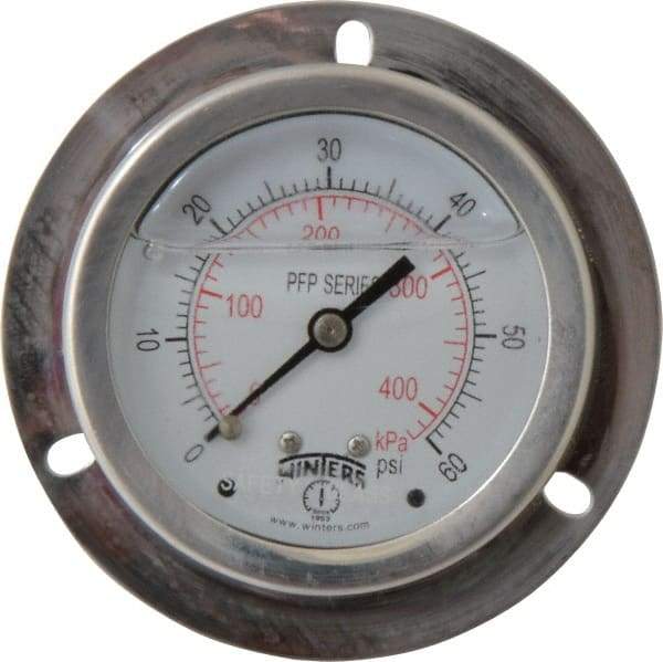 Winters - 2-1/2" Dial, 1/4 Thread, 0-60 Scale Range, Pressure Gauge - Front Flange Panel Mount, Center Back Connection Mount, Accurate to 1.6% of Scale - Makers Industrial Supply