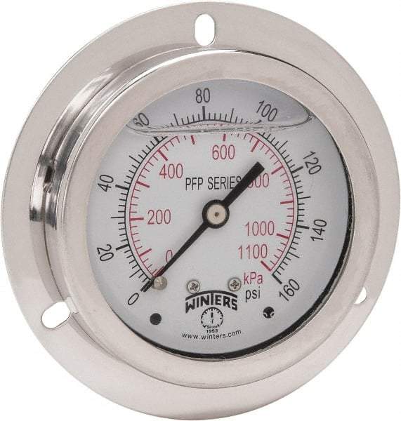 Winters - 2-1/2" Dial, 1/4 Thread, 0-160 Scale Range, Pressure Gauge - Front Flange Panel Mount, Center Back Connection Mount, Accurate to 1.6% of Scale - Makers Industrial Supply