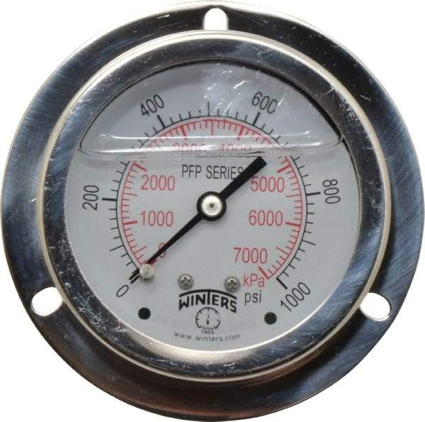 Winters - 2-1/2" Dial, 1/4 Thread, 0-1,000 Scale Range, Pressure Gauge - Front Flange Panel Mount, Center Back Connection Mount, Accurate to 1.6% of Scale - Makers Industrial Supply