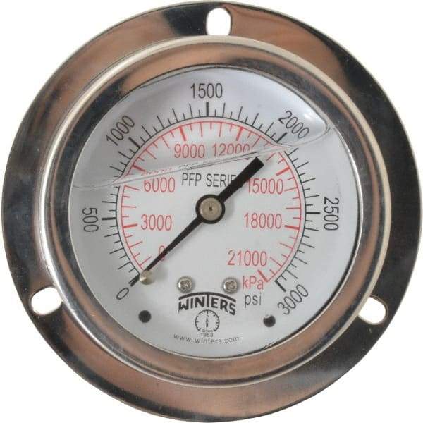 Winters - 2-1/2" Dial, 1/4 Thread, 0-3,000 Scale Range, Pressure Gauge - Front Flange Panel Mount, Center Back Connection Mount, Accurate to 1.6% of Scale - Makers Industrial Supply