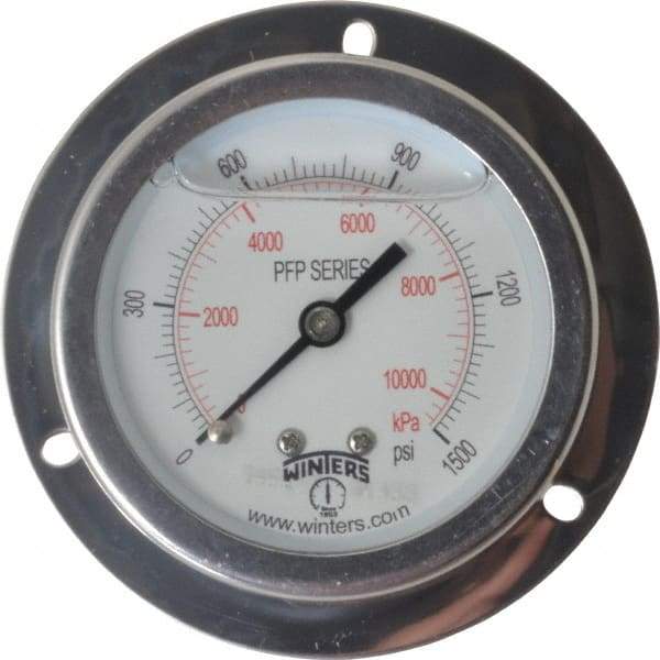 Winters - 2-1/2" Dial, 1/4 Thread, 0-1,500 Scale Range, Pressure Gauge - Front Flange Panel Mount, Center Back Connection Mount, Accurate to 1.6% of Scale - Makers Industrial Supply