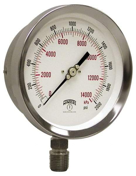 Winters - 4" Dial, 1/4 Thread, 0-400 Scale Range, Pressure Gauge - Lower Connection Mount, Accurate to 1% of Scale - Makers Industrial Supply