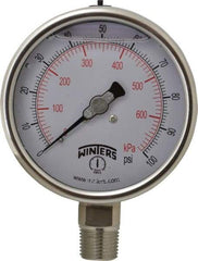 Winters - 4" Dial, 1/2 Thread, 0-100 Scale Range, Pressure Gauge - Lower Connection Mount, Accurate to 1% of Scale - Makers Industrial Supply