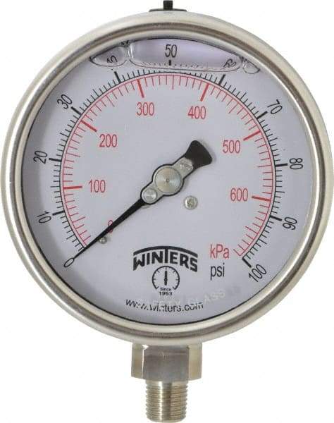 Winters - 4" Dial, 1/4 Thread, 0-100 Scale Range, Pressure Gauge - Lower Connection Mount, Accurate to 1% of Scale - Makers Industrial Supply