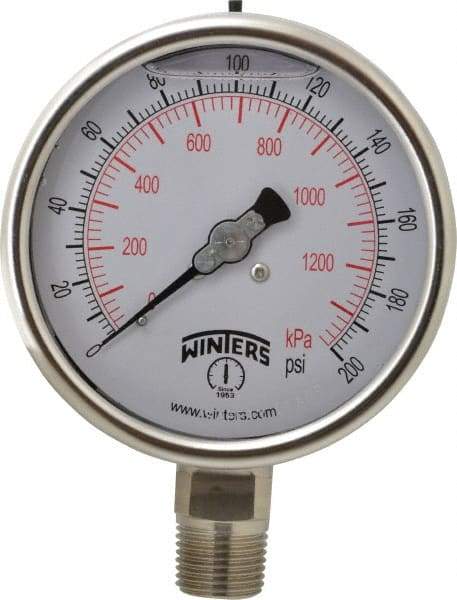 Winters - 4" Dial, 1/2 Thread, 0-200 Scale Range, Pressure Gauge - Lower Connection Mount, Accurate to 1% of Scale - Makers Industrial Supply