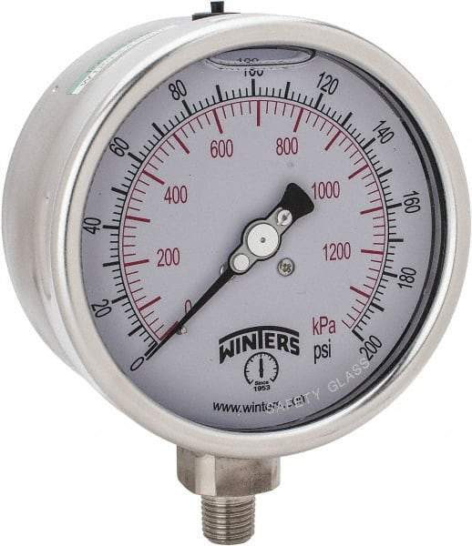 Winters - 4" Dial, 1/4 Thread, 0-200 Scale Range, Pressure Gauge - Lower Connection Mount, Accurate to 1% of Scale - Makers Industrial Supply