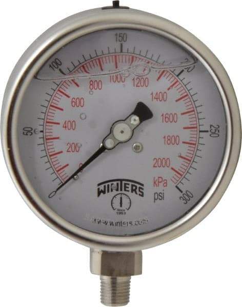 Winters - 4" Dial, 1/4 Thread, 0-300 Scale Range, Pressure Gauge - Lower Connection Mount, Accurate to 1% of Scale - Makers Industrial Supply