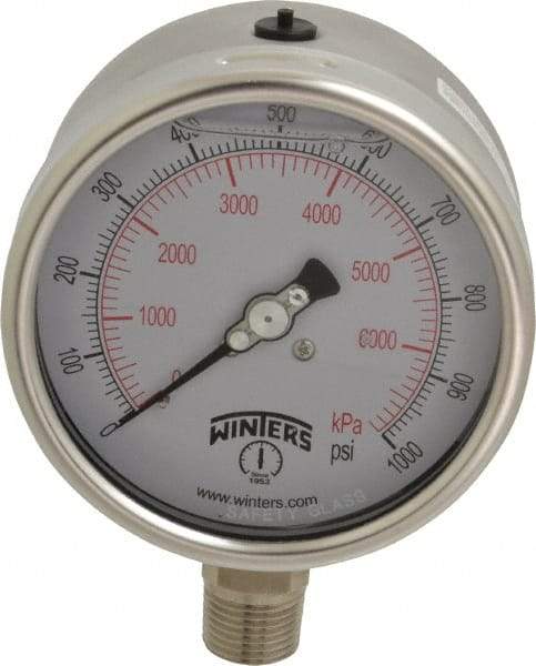 Winters - 4" Dial, 1/2 Thread, 0-1,000 Scale Range, Pressure Gauge - Lower Connection Mount, Accurate to 1% of Scale - Makers Industrial Supply