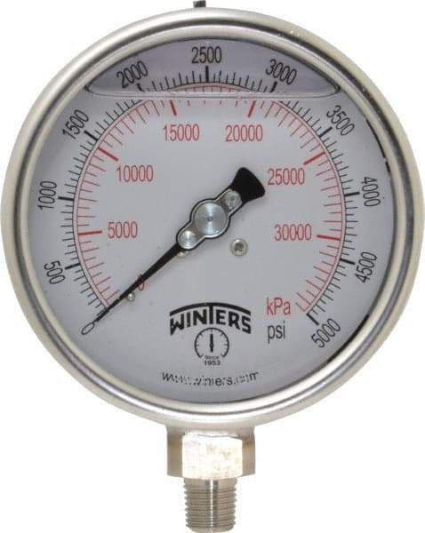 Winters - 4" Dial, 1/4 Thread, 0-5,000 Scale Range, Pressure Gauge - Lower Connection Mount, Accurate to 1% of Scale - Makers Industrial Supply