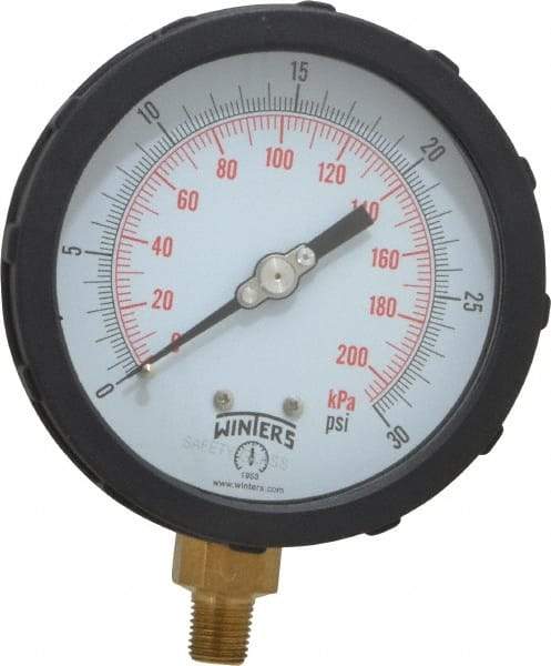 Winters - 4" Dial, 1/4 Thread, 0-30 Scale Range, Pressure Gauge - Lower Connection Mount, Accurate to 1% of Scale - Makers Industrial Supply