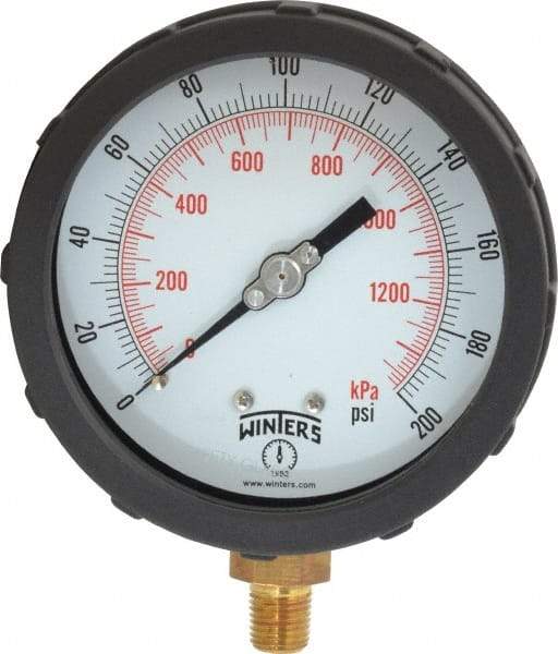 Winters - 4" Dial, 1/4 Thread, 0-200 Scale Range, Pressure Gauge - Lower Connection Mount, Accurate to 1% of Scale - Makers Industrial Supply