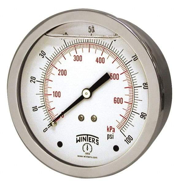 Winters - 1-1/2" Dial, 1/8 Thread, 0-160 Scale Range, Pressure Gauge - Center Back Connection Mount, Accurate to 2.5% of Scale - Makers Industrial Supply