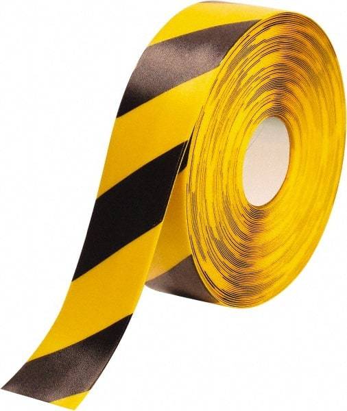 PRO-SAFE - Black & Yellow Striped PVC Tape - 3" Wide x 100' Long x 50 mil Thick, General Traffic - Makers Industrial Supply