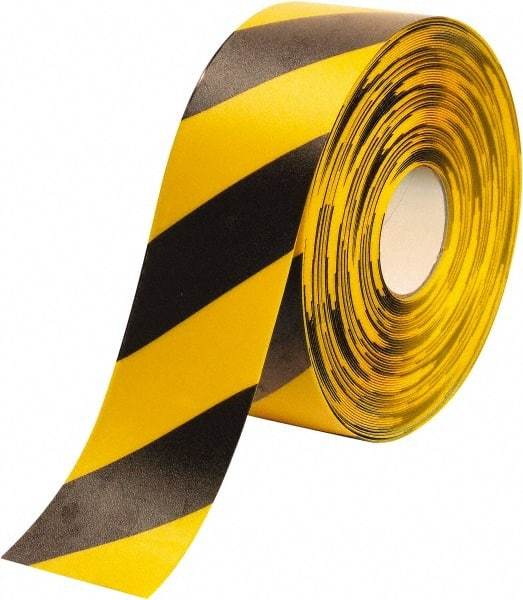 PRO-SAFE - Black & Yellow Striped PVC Tape - 4" Wide x 100' Long x 50 mil Thick, General Traffic - Makers Industrial Supply