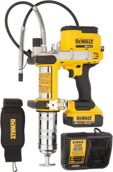 DeWALT - 10,000 Max psi, Flexible Battery-Operated Grease Gun - 16 oz Capacity, Bulk & Cartridge Fill, Includes DCB204 Battery, Fast Charger, Shoulder Strap & Kit Box - Makers Industrial Supply