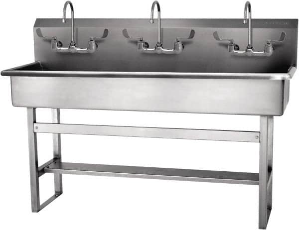 SANI-LAV - 57" Long x 16-1/2" Wide Inside, 1 Compartment, Grade 304 Stainless Steel Hand Sink-Pedestal Mount - 16 Gauge, 60" Long x 20" Wide x 45" High Outside, 8" Deep - Makers Industrial Supply