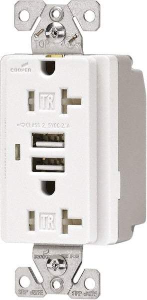 Cooper Wiring Devices - 2 USB Port, 2 Receptacle, 125 VAC, 5 VDC USB Receptacle - 5-15R NEMA Configuration, 20 Amp, White, 2.1 Amp Charging Power, Automatic Grounding, Screw Mount - Makers Industrial Supply