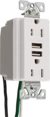 Cooper Wiring Devices - 2 USB Port, 2 Receptacle, 125 VAC, 5 VDC USB Receptacle - 5-15R NEMA Configuration, 15 Amp, White, 2.1 Amp Charging Power, Automatic Grounding, Screw Mount - Makers Industrial Supply