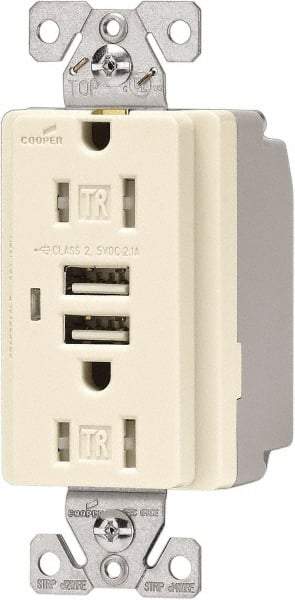 Cooper Wiring Devices - 2 USB Port, 2 Receptacle, 125 VAC, 5 VDC USB Receptacle - 5-15R NEMA Configuration, 15 Amp, Light Almond, 2.1 Amp Charging Power, Automatic Grounding, Screw Mount - Makers Industrial Supply