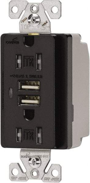 Cooper Wiring Devices - 2 USB Port, 2 Receptacle, 125 VAC, 5 VDC USB Receptacle - 5-15R NEMA Configuration, 15 Amp, Black, 2.1 Amp Charging Power, Automatic Grounding, Screw Mount - Makers Industrial Supply