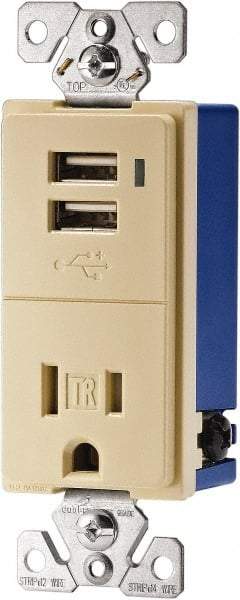 Cooper Wiring Devices - 2 USB Port, 1 Receptacle, 125 VAC, 5 VDC USB Receptacle - 5-15R NEMA Configuration, 15 Amp, Ivory, Screw Mount - Makers Industrial Supply