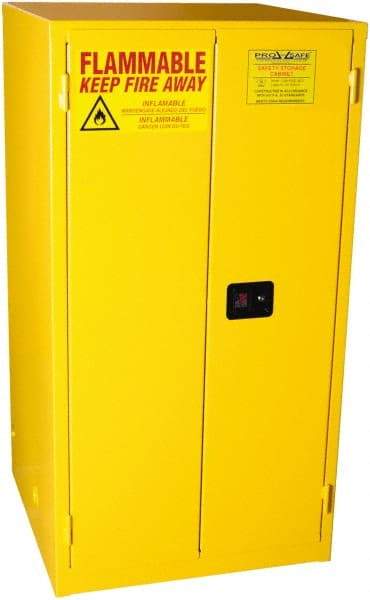 PRO-SAFE - 2 Door, 2 Shelf, Yellow Steel Standard Safety Cabinet for Flammable and Combustible Liquids - 65" High x 34" Wide x 34" Deep, Self Closing Door, 3 Point Key Lock, 60 Gal Capacity - Makers Industrial Supply