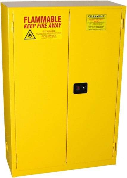 PRO-SAFE - 2 Door, 2 Shelf, Yellow Steel Standard Safety Cabinet for Flammable and Combustible Liquids - 65" High x 43" Wide x 18" Deep, Self Closing Door, 3 Point Key Lock, 45 Gal Capacity - Makers Industrial Supply