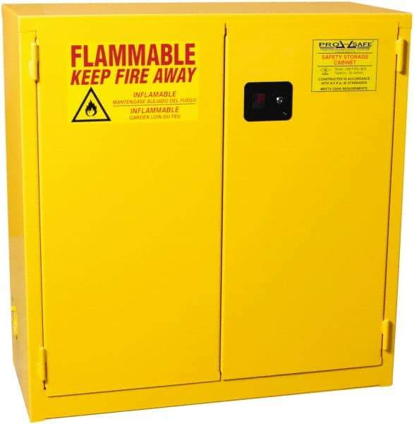 PRO-SAFE - 2 Door, 1 Shelf, Yellow Steel Standard Safety Cabinet for Flammable and Combustible Liquids - 44" High x 43" Wide x 18" Deep, Self Closing Door, 3 Point Key Lock, 30 Gal Capacity - Makers Industrial Supply