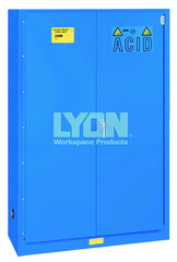 Acid Storage Cabinet - #5545 - 43 x 18 x 65" - 45 Gallon - w/2 shelves, three poly trays, bi-fold self-closing door - Blue Only - Makers Industrial Supply